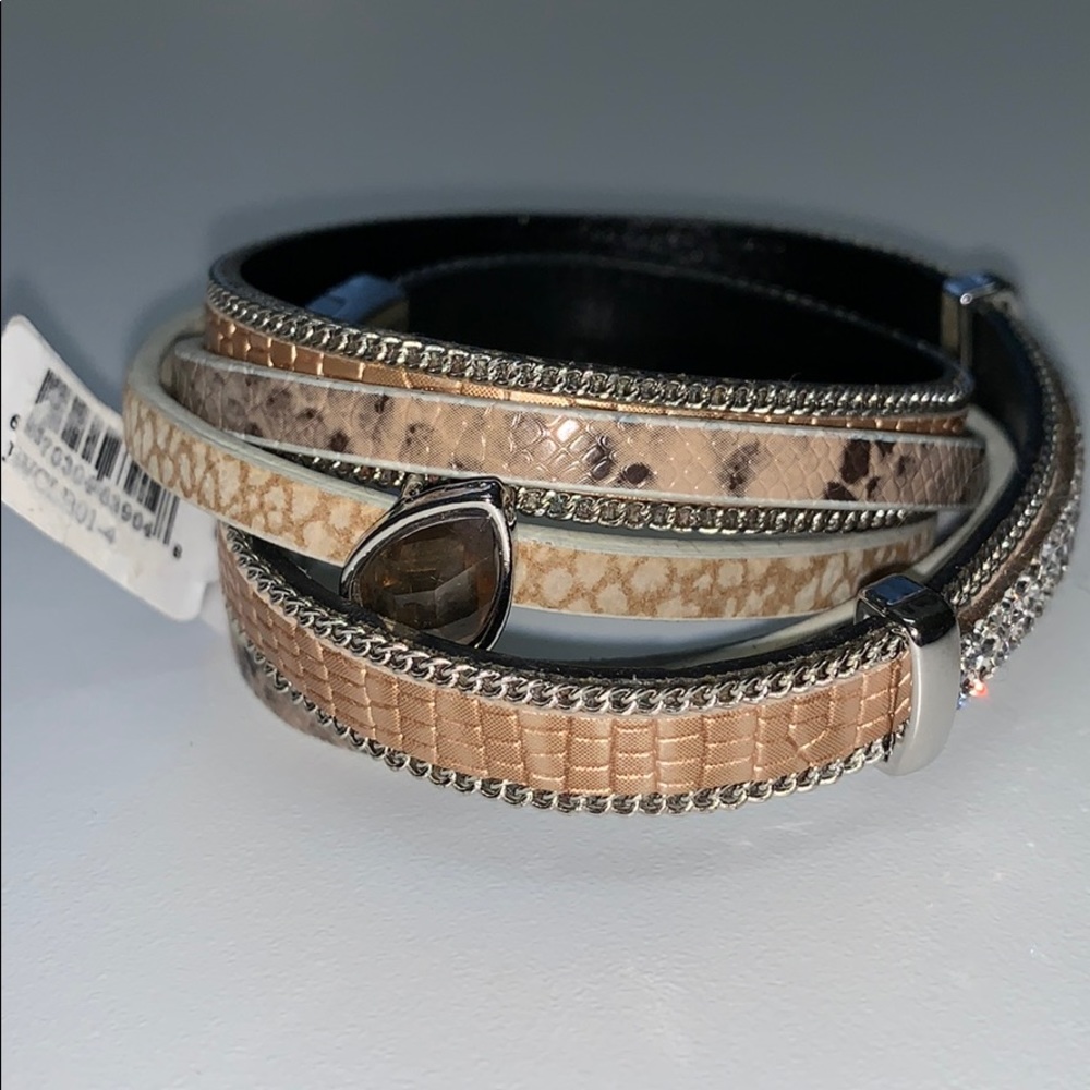 Faux leather wrap bracelet, Rhinestones & silver